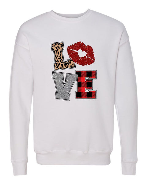 LOVE LEOPARD BUFFALO PLAID GLITTER LIPS TEE COZY CREWNECK SWEATSHIRT